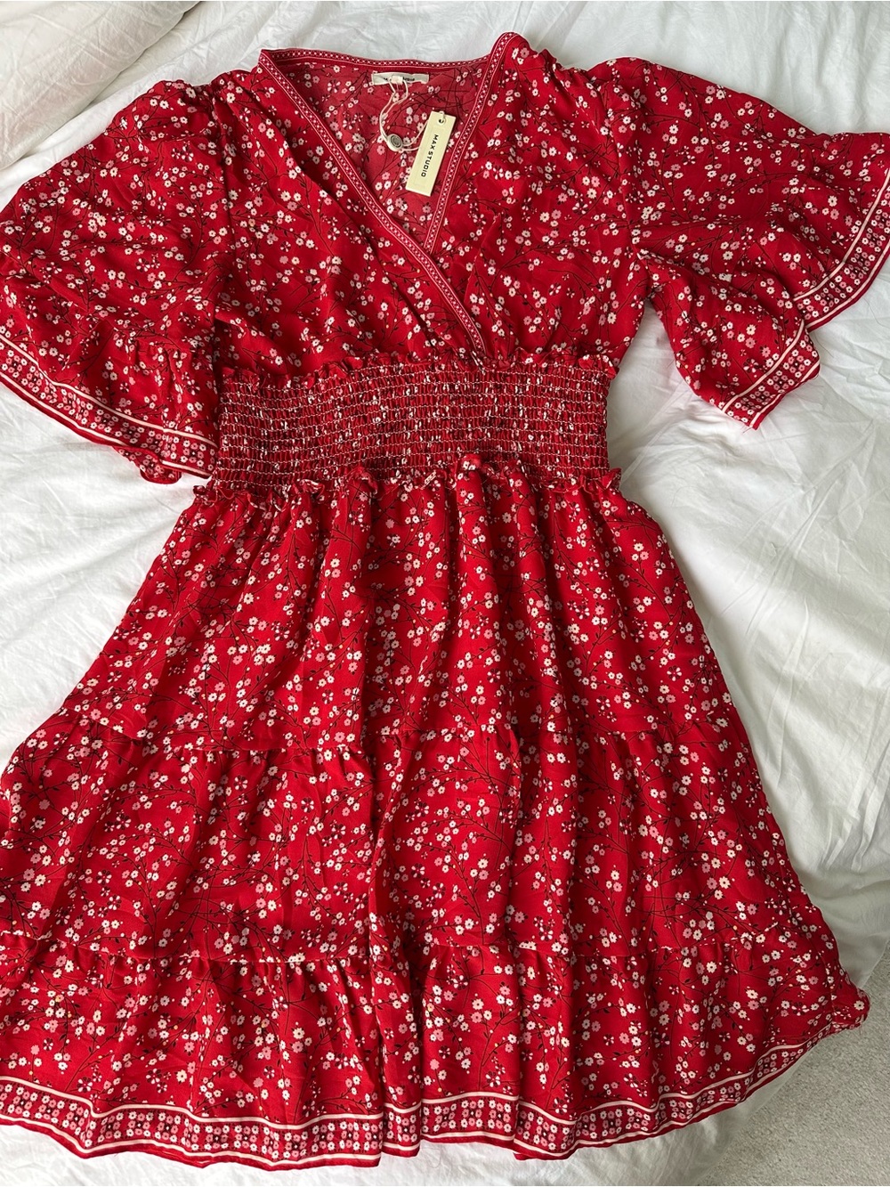 Max Studio Red Floral Smocked Waist Dress